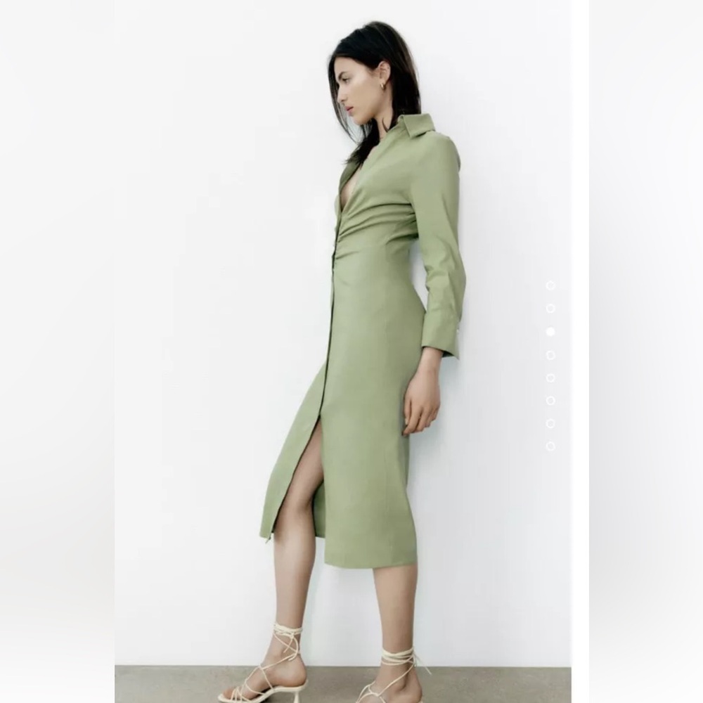 NWT Zara Gathered Linen Blend Shirt Dress S Green Gold Buttons - Picture 3 of 12